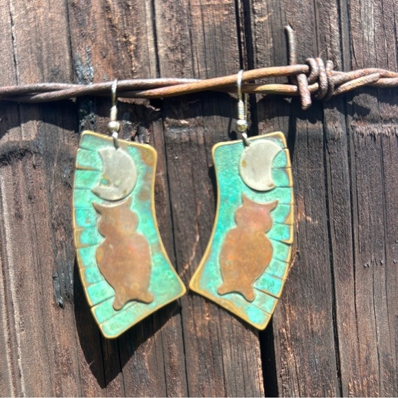 Vintage Copper Moon And Owl Dangle Earrings southwestern western - Picture 4 of 6